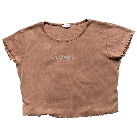 Light Brown Cropped Baby Tee Lettuce Trim Rhinestone Babe Size L Ribbed Y2K - Picture 5 of 12